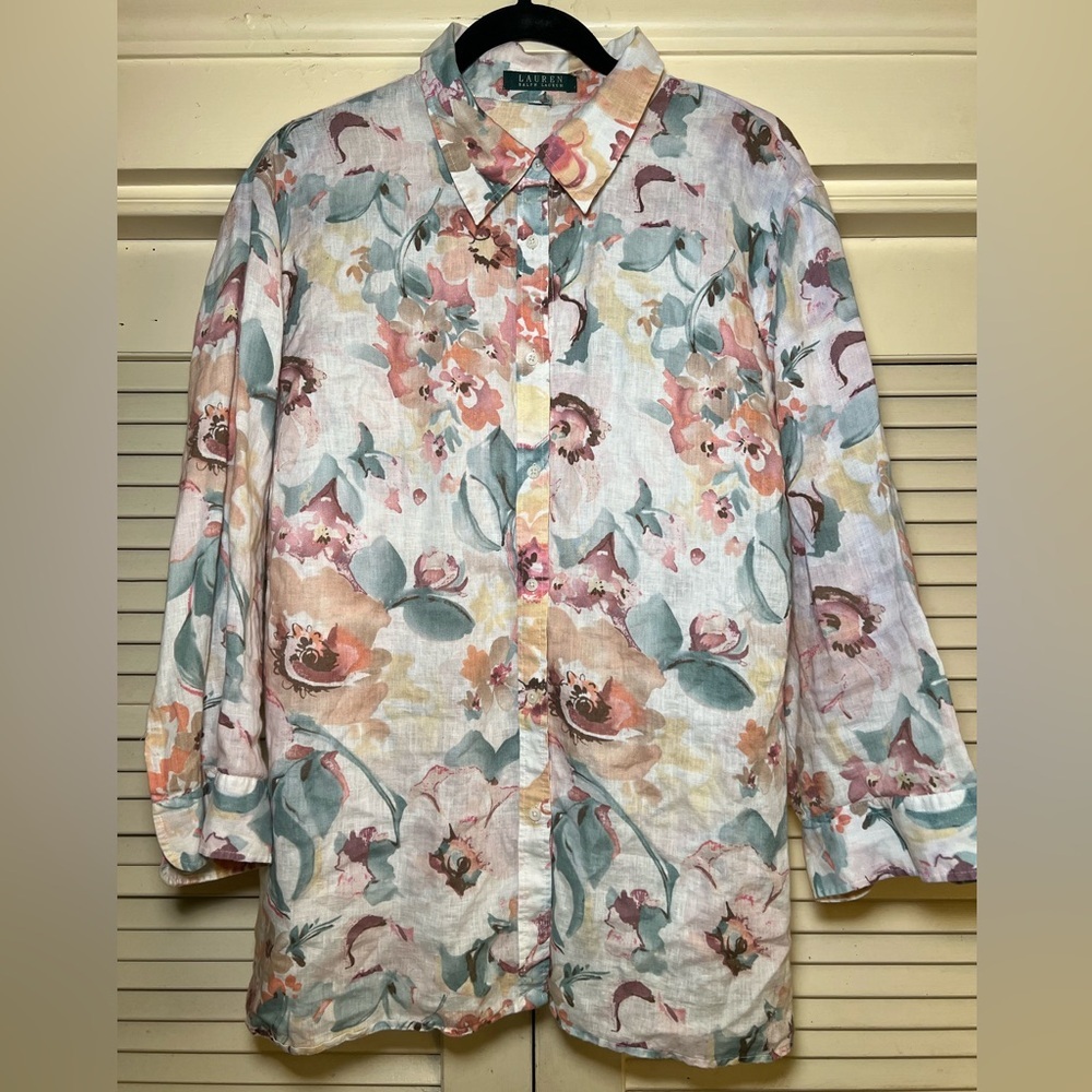 Ralph Lauren Green Label Floral Print Linen Button Down Shirt Tunic large XL